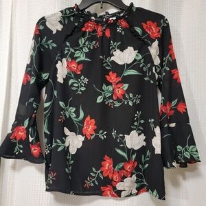 Old Navy Womens Black Floral  Bell Sleeve Ruffle Crew Ruffle Kneck Top/Blouse